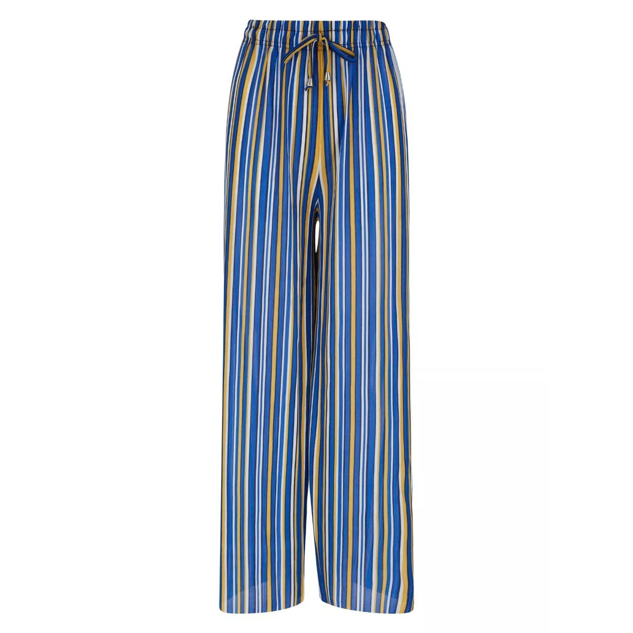 Women’s blue and gold striped harem palazzo trousers with drawstring waist.